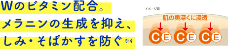 Wのビタミン配合。メラニンの生成を抑え、しみ・そばかすを防ぐ
