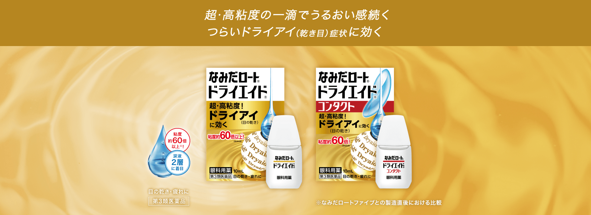 超・高粘度の一滴でうるおい感続く つらいドライアイ（乾き目）症状に効く なみだロート®ドライエイド® 超・高粘度！ ドライアイ（目の乾き）に効く 粘度約60倍以上！※（当社品比較） 眼科用薬 10mL 第3類医薬品 目の乾き・目の疲れに なみだロート®ドライエイド® コンタクト 超・高粘度！ ドライアイ（目の乾き）に効く 粘度約60倍以上！※（当社品比較） 眼科用薬 10mL 第3類医薬品 目の乾き・目の疲れに 粘度約60倍以上※！ 涙液2層に着目 目の乾き・目の疲れに 第3類医薬品 ※なみだロートファイブとの製造直後における比較