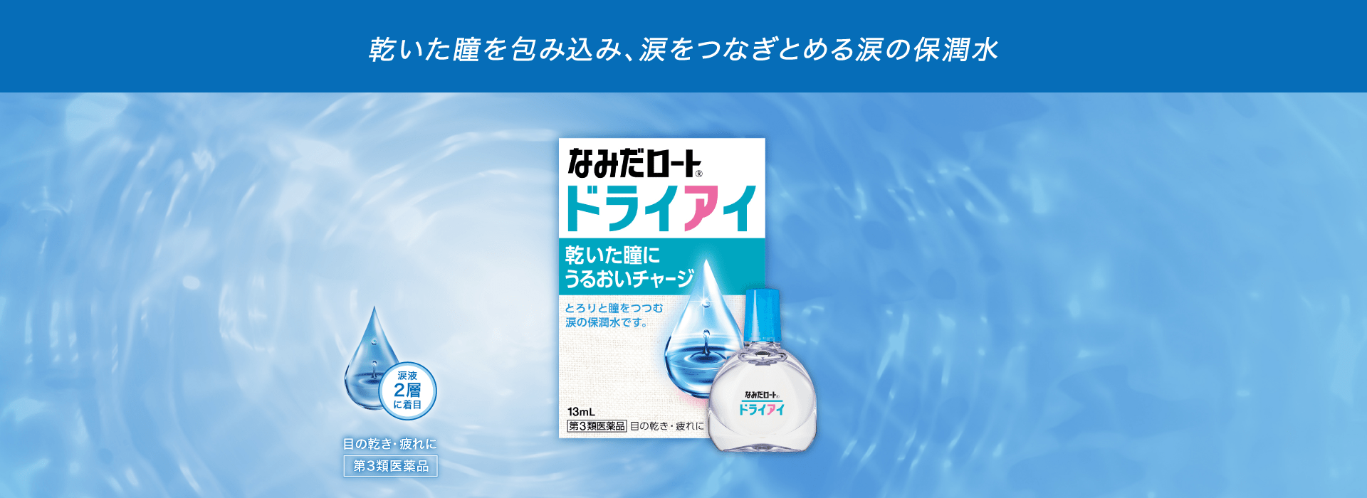 なみだロート®ドライアイ 乾いた瞳にうるおいチャージ とろりと瞳をつつむ涙の保潤水です。 13mL 第3類医薬品 目の乾き・目の疲れに 涙液2層に着目 目の乾き・目の疲れに 第3類医薬品