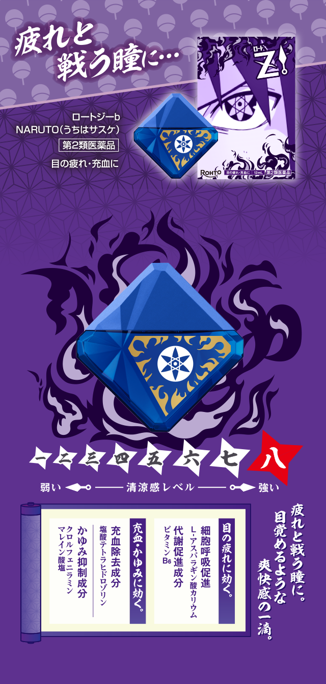 疲れと戦う瞳に…ロートジーb NARUTO(うちはサスケ)第2類医薬品 目の疲れ·充血に 清涼感Lv八 疲れと戦う瞳に。目覚めるような爽快感の一滴。目の疲れに効く。細胞呼吸促進 L-アスパラギン酸カリウム 代謝促進成分 ビタミンB6 充血・かゆみに効く。充血除去成分 塩酸テトラヒドロゾリン かゆみ抑制成分 クロルフェニラミン マレイン塩酸