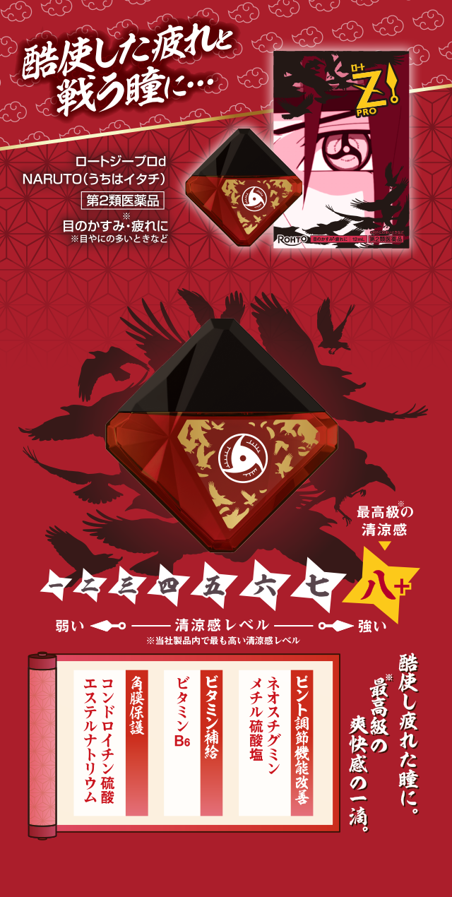 酷使した疲れと戦う瞳に…ロートジープロd NARUTO(うちはイタチ)第2類医薬品 目のかすみ※·疲れに ※目やにの多いときなど 清涼感Lv八+ 最高級※の清涼感 酷使し疲れた瞳に。最高級※の爽快感の一滴。 ※当社製品内で最も高い清涼感レベル ピント調整機能改善 ネオスチグミン メチル硫酸塩 ビタミン補給 ビタミンB6 角膜保護 コンドロイチン硫酸 エステルナトリウム