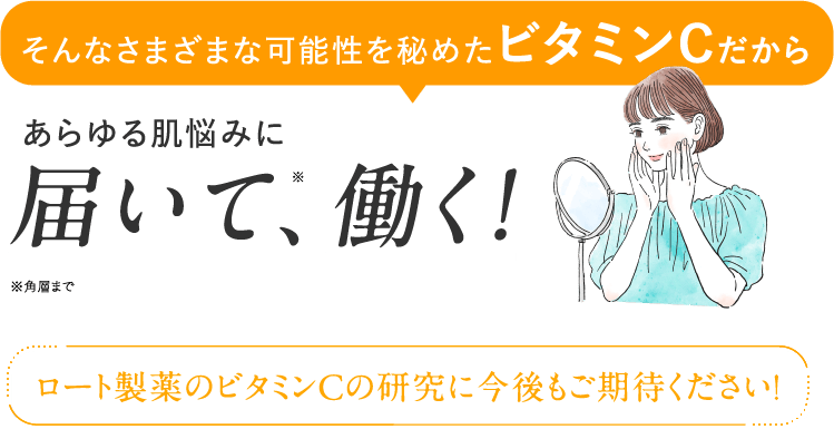 そんなさまざまな可能性を秘めたビタミンCだからあらゆる肌悩みに届いて、働く！ロート製薬のビタミンCの研究に今後もご期待ください！