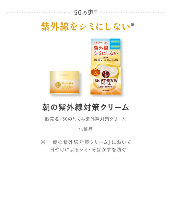 50の恵® 紫外線をシミにしない※ 朝の紫外線対策クリーム 販売名：50のめぐみ紫外線対策クリーム ※「朝の紫外線対策クリーム」において日やけによるシミ・そばかすを防ぐ