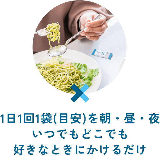 1日1回1袋(目安)を朝・昼・夜いつでもどこでもすきなときにかけるだけ